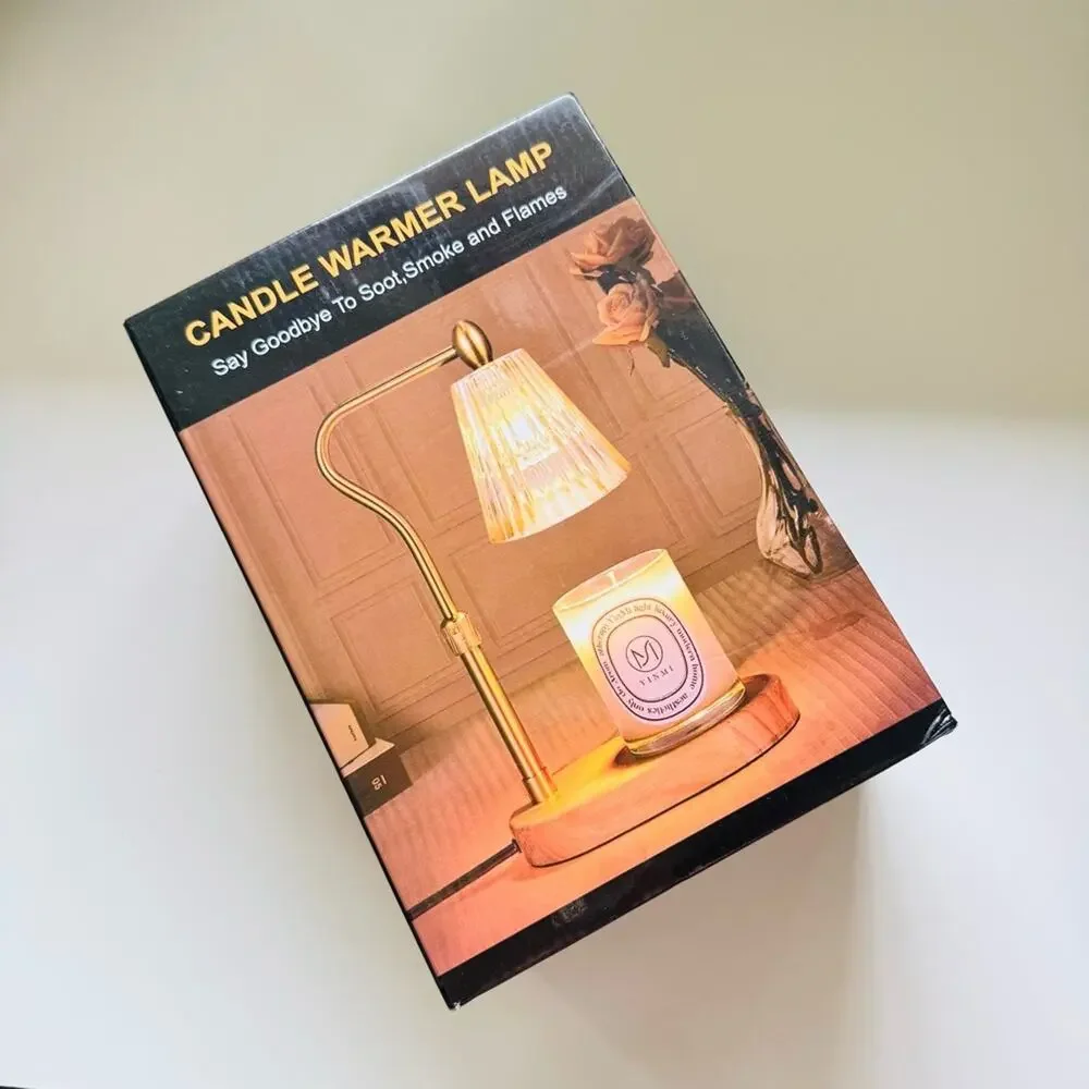 NEW Boxed White Glass Shade Gold Metal Arm Wood Stand Scented Candle Warmer Lamp